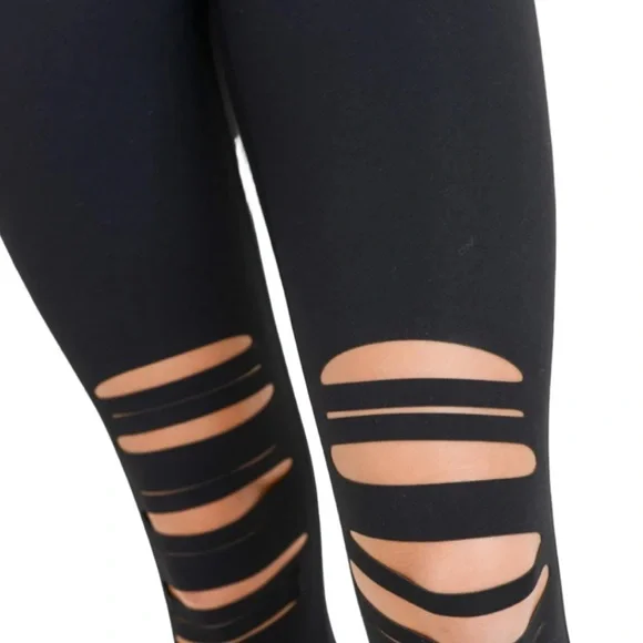 Mono B Women's Black Shredded‎ Knee Laser Cut High Waist Leggings Size XL NEW - Picture 3 of 15